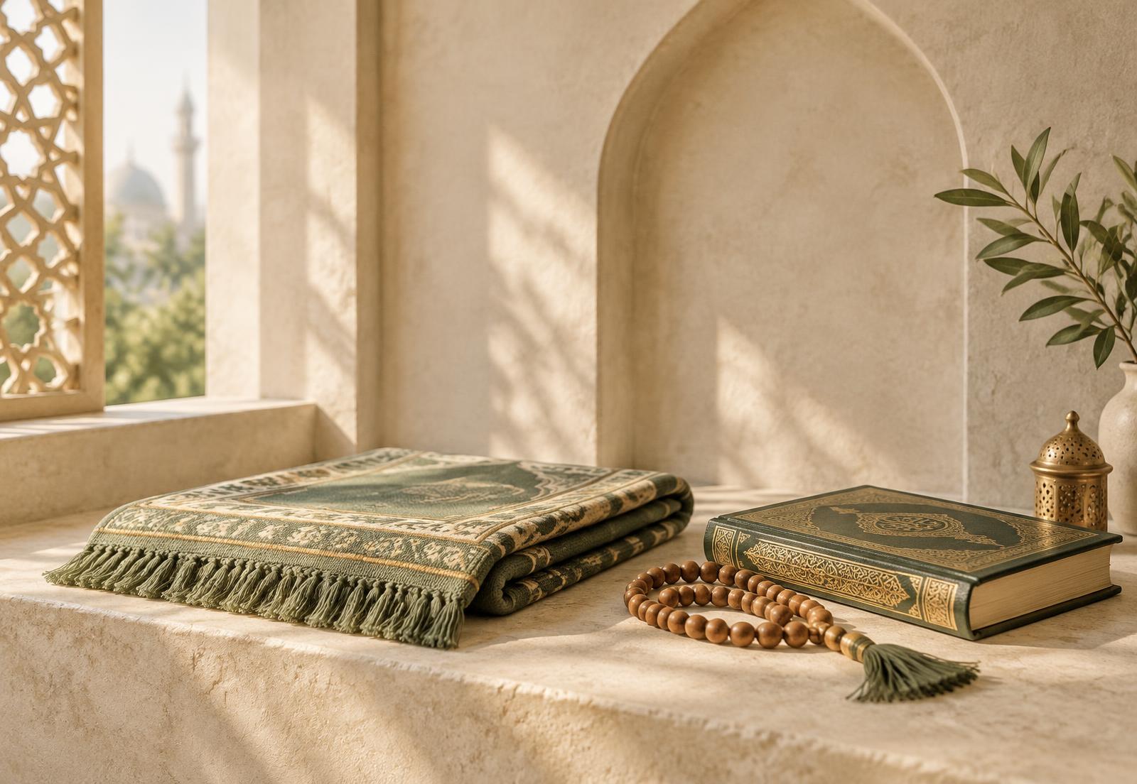 Prayer mat, tasbih and Quran in daylight